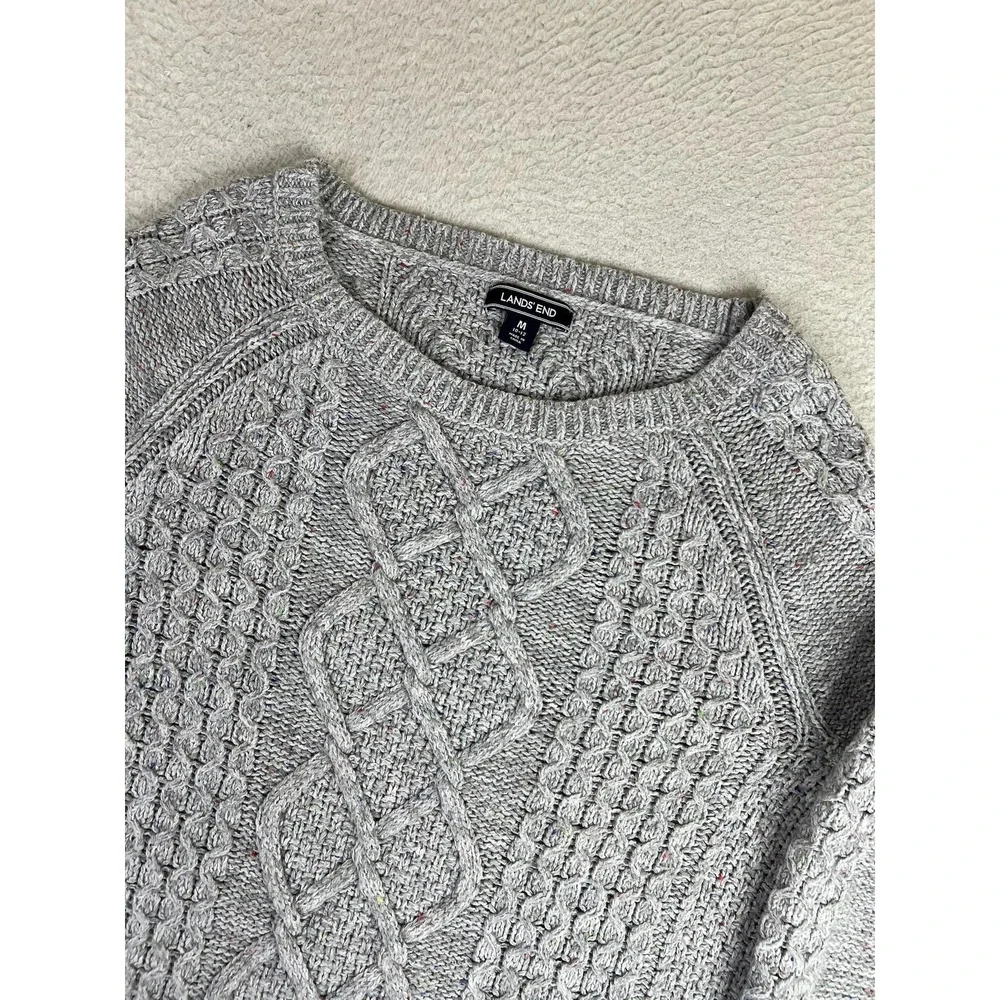 Lands' End Womens Gray Cable Knit Wool‎ Blend Crewneck Pullover Sweater Medium